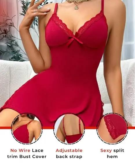 Love Salve Romantic Lace-Trimmed Nightdress with Bowknot Detail - Love Salve